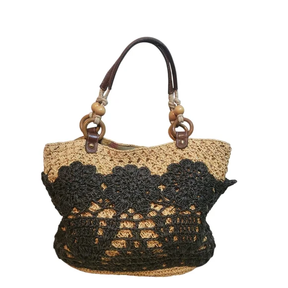 Fossil Straw Crochet Tote Bag Boho Black Floral Leather Handle Summer Purse - Picture 2 of 10